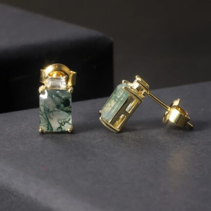 Vintage Moss Agate Emerald Cut Stud Earrings & Custom E-Cards Jewelry Gifts - Image 2