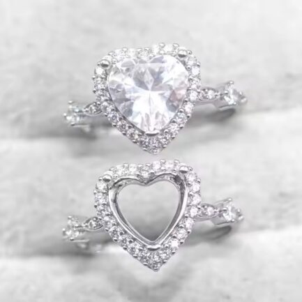 8mm Heart Semi Mount Ring White Sapphire Silver Ring Setting - Image 2