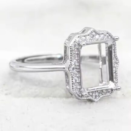 8*10mm Rectangular Semi Mount Ring White Sapphire Silver Ring Setting - Image 2