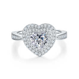 1 Carat Halo Heart Cut Moissanite Engagement Ring in Sterling Silver, 3 Prong Band Anniversary